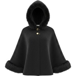 Bill Blass Signature Cape OS Black Wool Blend Faux Fur Trim Hooded Glam Elegant